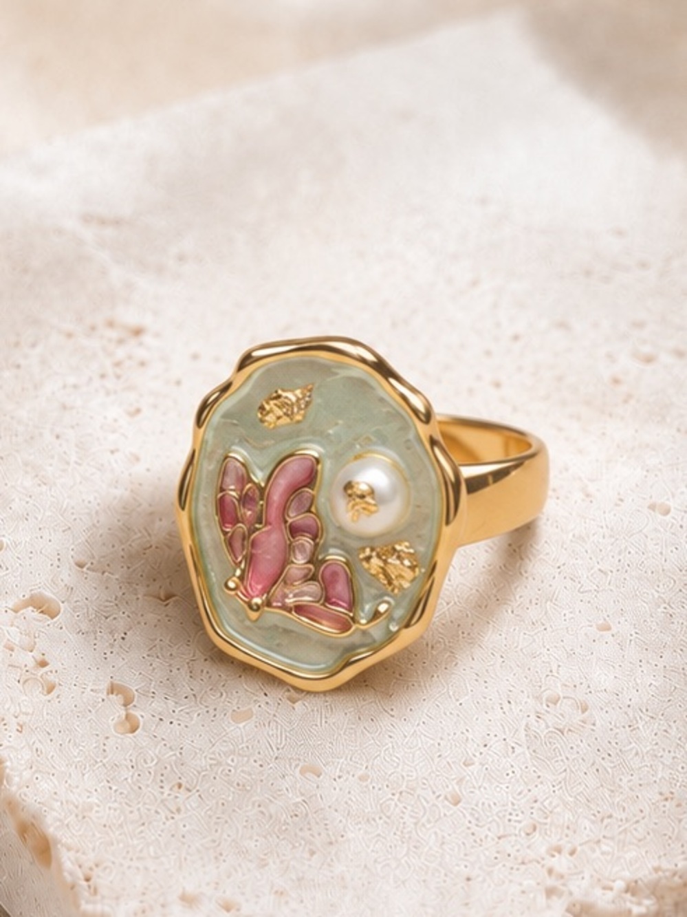Gold Floral Pearl Accent Ring - Adjustable